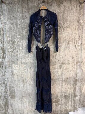 JULIEN MACDONALD Women's Navy Blue Sequin Beaded Fringe Cutout Maxi Dress